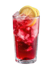 Red drink in tall glass, garnished with lemon
