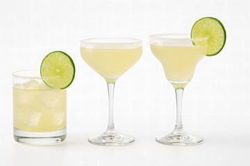 Fototapeta premium Margarita Cocktail Trio with Lime Garnish on White Background