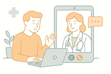 Doctor working with nurse and patient using laptop in medical office illustration