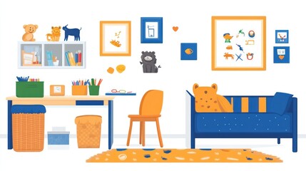 Child's room with desk, bed, shelves, and art on the walls, in simple vector style