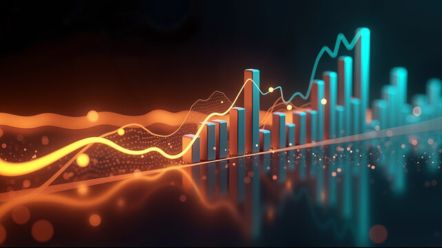 Glowing three-dimensional charts and vibrant neon graphs rise sharply from a polished black reflective surface, visually representing dynamic financial growth trends in a futuristic interface.