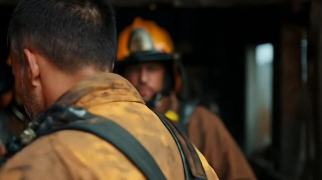 Courageous firefighter holding helmet with determination and leadership