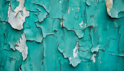 Close-up de uma parede azul-petróleo desgastada pelo tempo, mostrando tinta descascada, criando um fundo rústico e texturizado