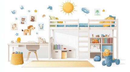 Bright, colorful kids' room with a bunk bed, desk, toy storage, and whimsical decals