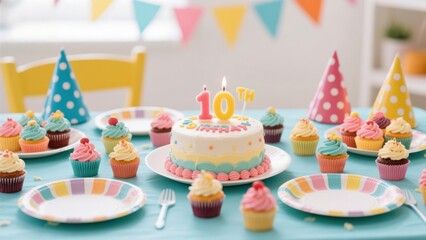 A birthday cake with cupcakes and a hat on a table