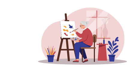 Fototapeta premium Elderly woman painting on canvas at easel in bright studio 