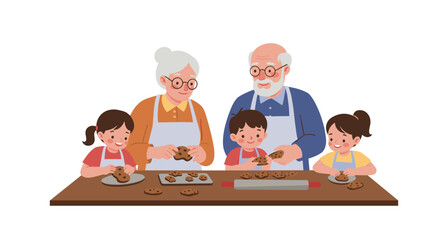 Grandparents baking cookies with children in a cozy kitchen setting  
