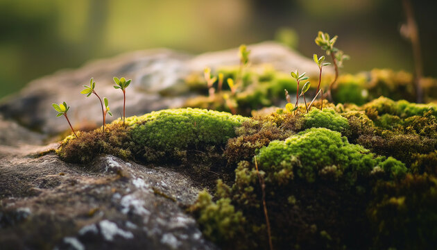 Musgo e pequenas plantas crescendo em uma rocha intemperizada em um ambiente de luz suave