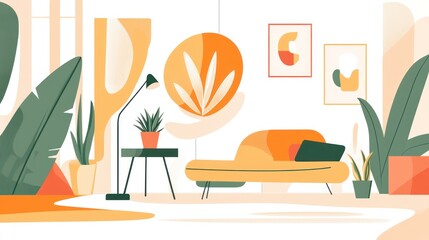 Bright, inviting living room with abstract artwork and lush tropical plants