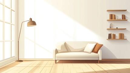 Sunny living room with a simple sofa and light streaming through the large window