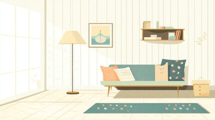 Light, sunny room features a teal couch, tan walls, floor lamp and window view