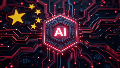 A motherboard circuit that resembles the Chinese flag, with the word 'AI' in the middle, showcasing the advanced computing and artificial intelligence technology that China has today. 