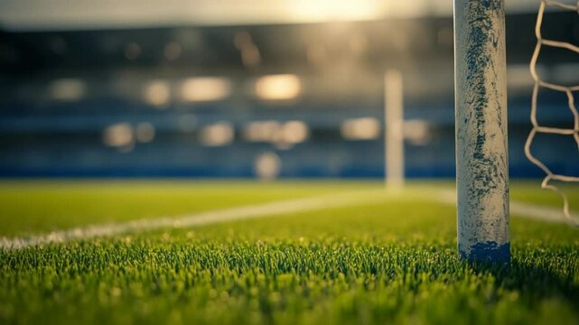 Immersive low angle view of goalpost and pristine turf on empty soccer field