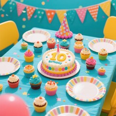 A table with cupcakes and a cake