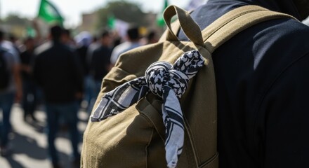 A young activist carries a Palestinian shemagh on their backpack while participating in a demonstration for a cause.