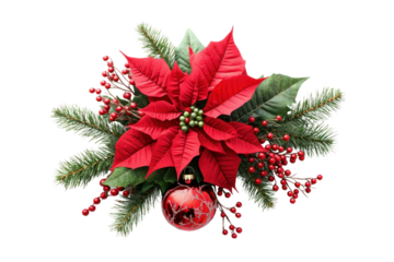Christmas Floral Elegance: A festive poinsettia with vivid red petals, a vibrant ornament, and complementary greenery, all creating a symbol of holiday cheer and grace.