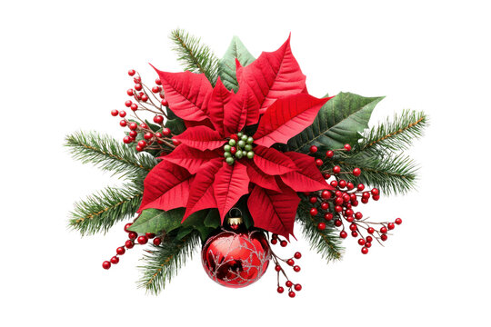 Christmas Floral Elegance: A festive poinsettia with vivid red petals, a vibrant ornament, and complementary greenery, all creating a symbol of holiday cheer and grace.