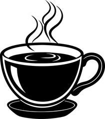A steaming cup of coffee in a minimalist black and white illustration for your cafe branding design or breakfast project