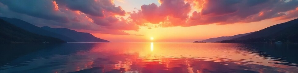 Fototapeta premium A serene bay at sunset, the water reflecting the vibrant colors of the sky Golden light bathes the calm, tranquil scene, perfect for relaxation and escape , golden hour, sun rays, nature