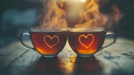 Two hearts made from string lights on a dark background glowing warmly
