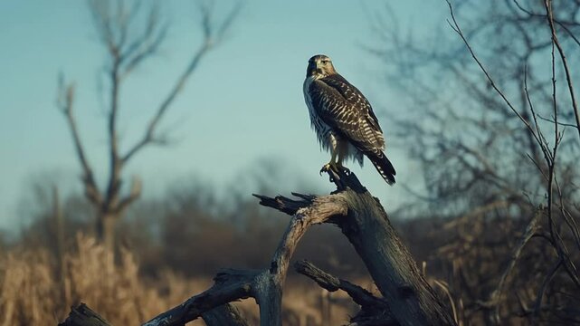 Red-tailed Hawk Perched on a Weathered Branch in a Tranquil Natural Habitat Scene