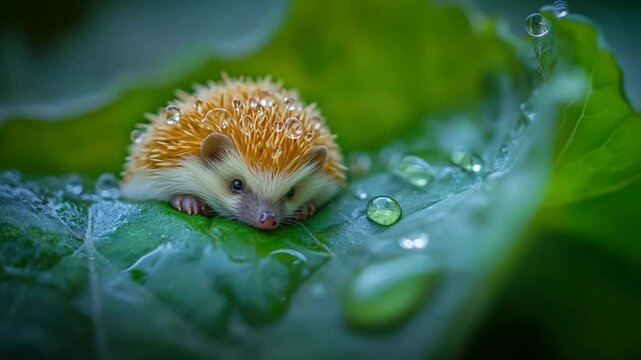 Adorable baby hedgehog covered in water droplets resting on a lush green leaf