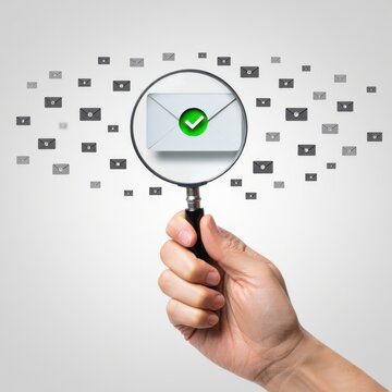 Hand Holding Magnifying Glass Over Email with Green Check Mark Among Many Greyed Out Emails Background