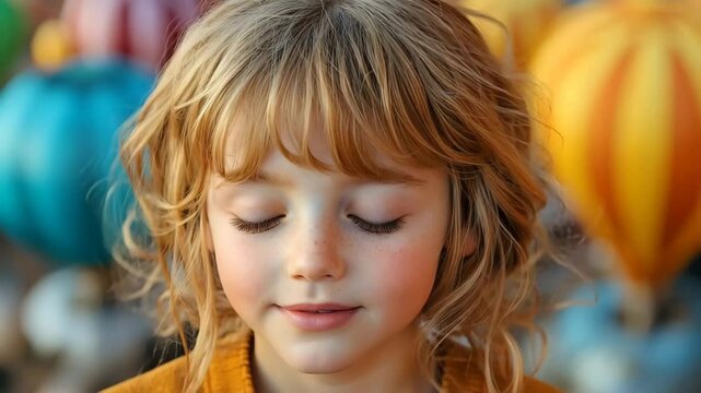A curious child gazes up at a colorful hot air balloon festival