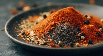 Pile of colorful spices on dark plate
