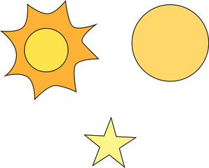 Simple Vector Illustration of Sun, Star, and Circle Shapes in Bright Colors for Educational, Design, and Graphic Art Projects