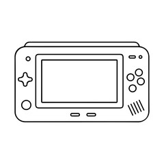 Minimalist line icon of handheld gaming console with screen. Symbol of digital games, gaming, entertainment, and retro tech