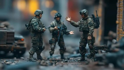 Three soldiers stand in a devastated urban landscape, military operation scene simulation - Powered by Adobe