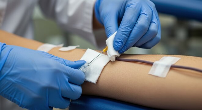 A phlebotomist in blue gloves carefully inserts a needle into a patient's arm to begin the blood donation process.