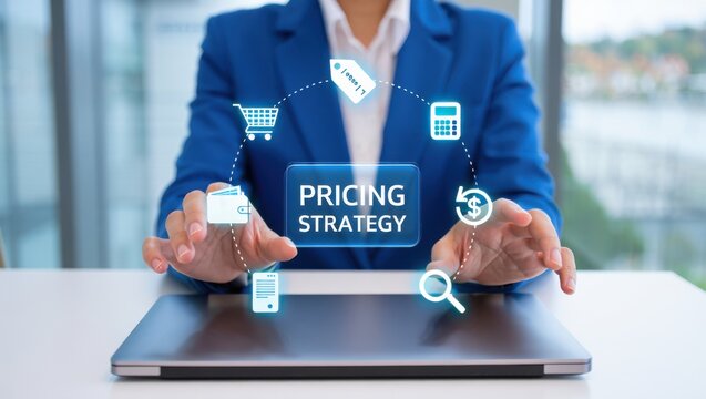 Businesswoman presenting pricing strategy with digital icons symbolizing financial analysis market research and e commerce optimization for growth