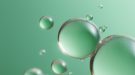 Multiple green liquid bubbles create stunning visual display of surface tension and molecular beauty.