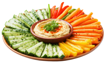 Vibrant Veggie Platter: A culinary composition features a colorful array of fresh vegetables, meticulously arranged around a central bowl of creamy hummus, inviting a healthy and delicious experience.