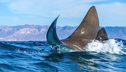 Obraz premium Manta ray cresting the ocean surface showing its dorsal fin majesty