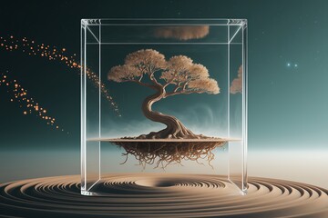 A Miniature Bonsai Tree Encased in a Glass Cube