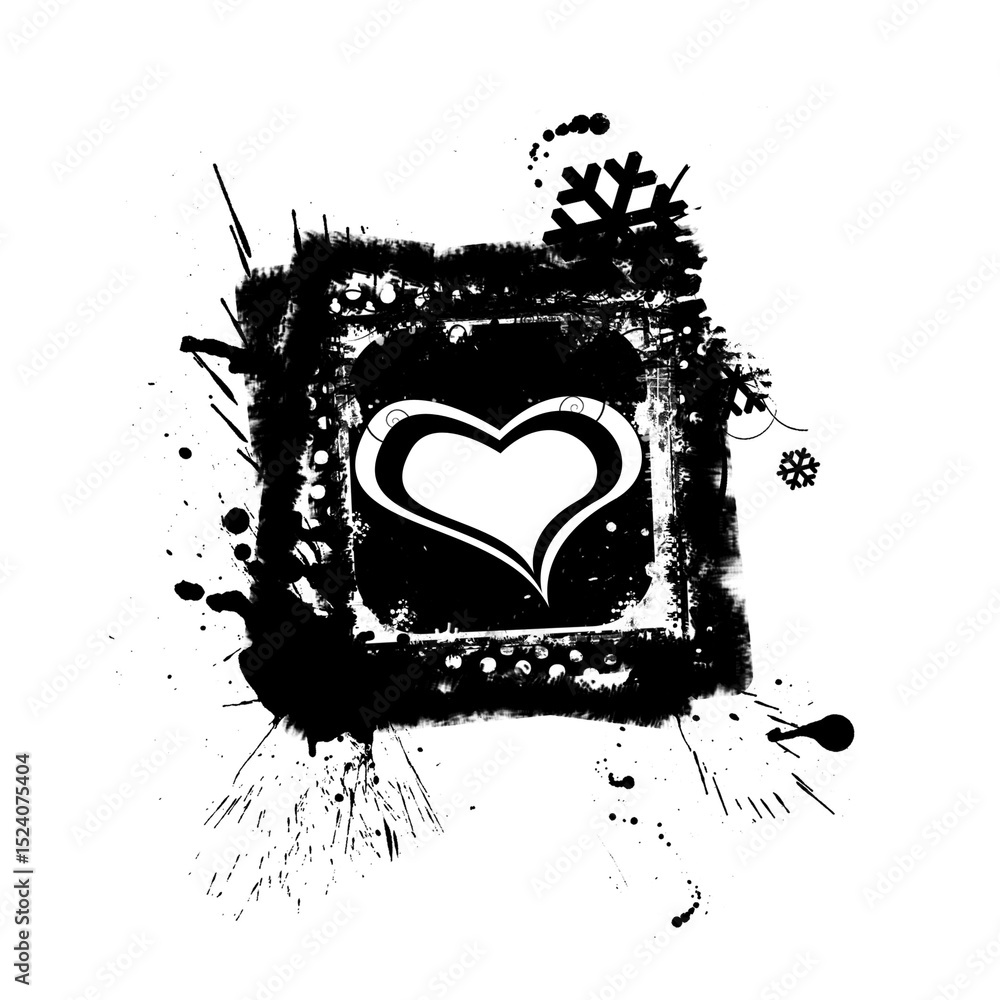 Poster grungy heart emblem a bold black and white design with splatters snowflakes and a distressed frame o