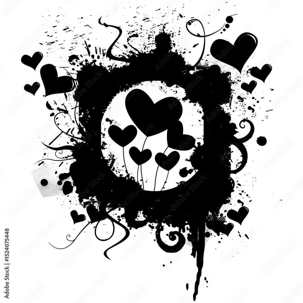 Poster abstract grunge heart circle with swirls and splatters on transparent backdrop design element for cr