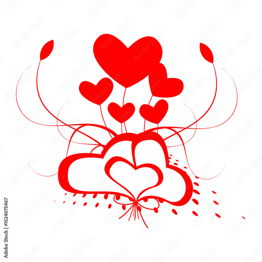 Poster elegant red hearts and swirls design on transparent background for artistic projects and creative gr