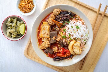 Rice Vermicelli with Northern Thai Curry Sauce, Thai called Khanom Jeen Nam Ngiao, Northern thai cusine