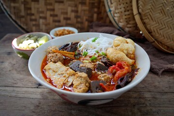Rice Vermicelli with Northern Thai Curry Sauce, Thai called Khanom Jeen Nam Ngiao, Northern thai cusine