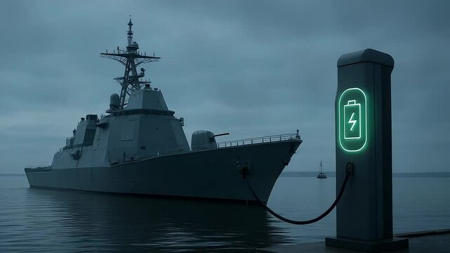 Warship being charged at electric station on a cloudy day  