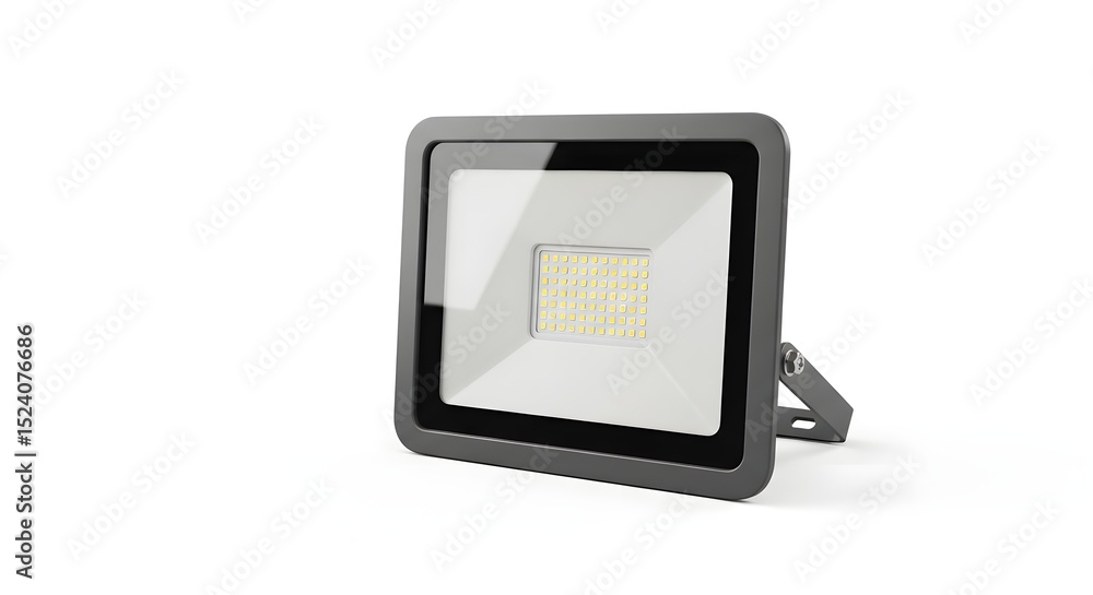 Poster a close up of a gray led floodlight with a bracket on a white background in studio shot