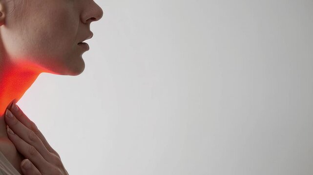 Young woman experiencing throat discomfort, touching sore neck with reddish area, potentially signaling thyroid gland inflammation or medical condition