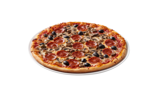 Delicious Pizza Delight: A mouthwatering close-up showcases a perfectly baked pizza, brimming with savory pepperoni, earthy mushrooms, and briny black olives, a true feast for the eyes and palate.