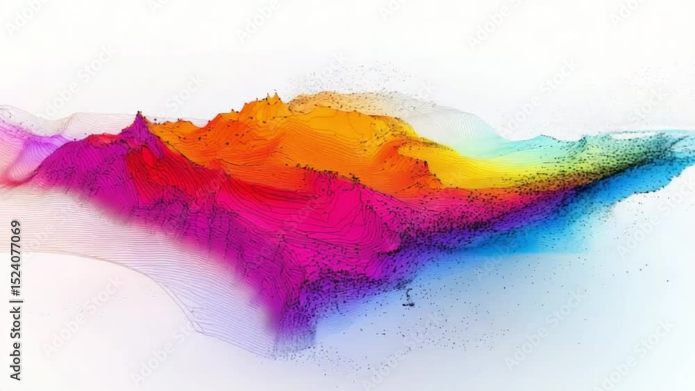 Poster a vibrant, abstract landscape rendered in a spectrum of colors from purple to blue, formed from mill