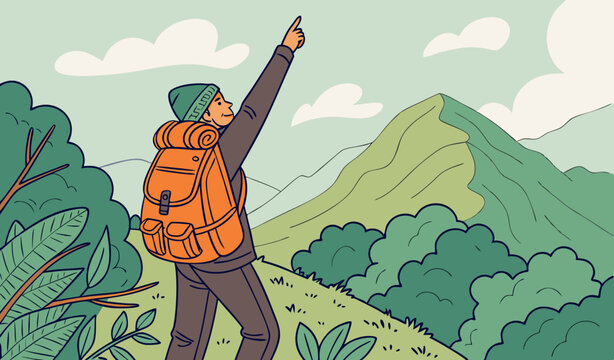 Backpacker wearing orange clr bag Reaching the Summit of a Mountain behind green back ground           