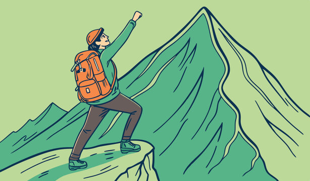 Backpacker wearing orange clr bag Reaching the Summit of a Mountain behind green back ground           